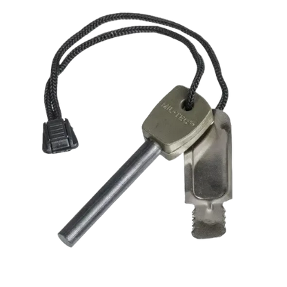 Metal fire starter with rope on a white background
