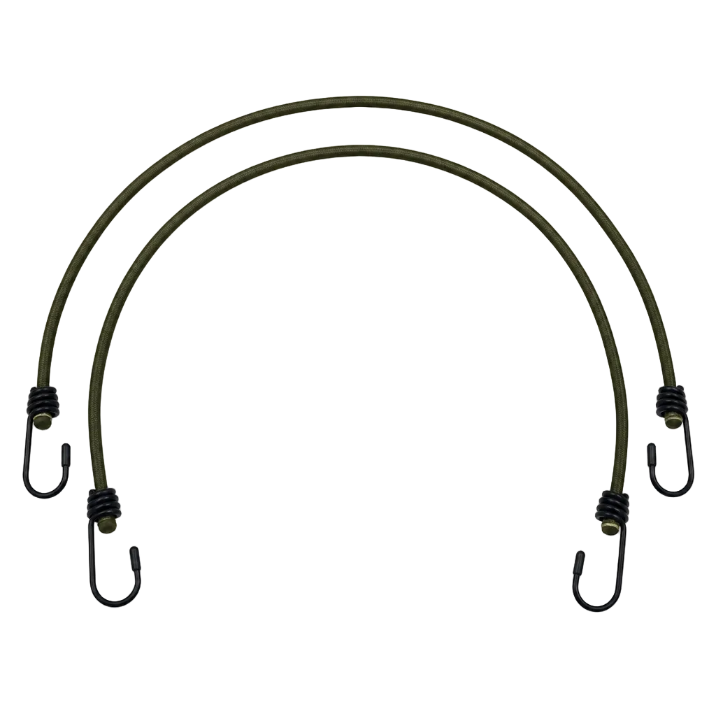 Two olive green elastic bungee cords with black metal hooks and black wire compression ends, arranged in a U-shape on a plain white background.