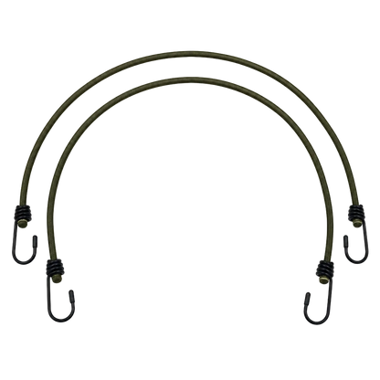 Two olive green elastic bungee cords with black metal hooks and black wire compression ends, arranged in a U-shape on a plain white background.