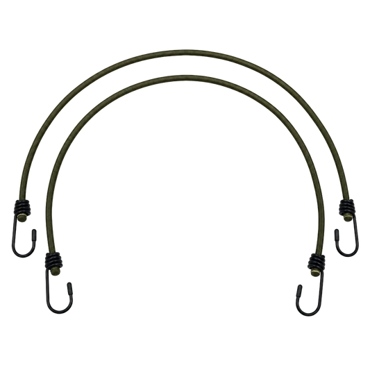 Two olive green elastic bungee cords with black metal hooks and black wire compression ends, arranged in a U-shape on a plain white background.