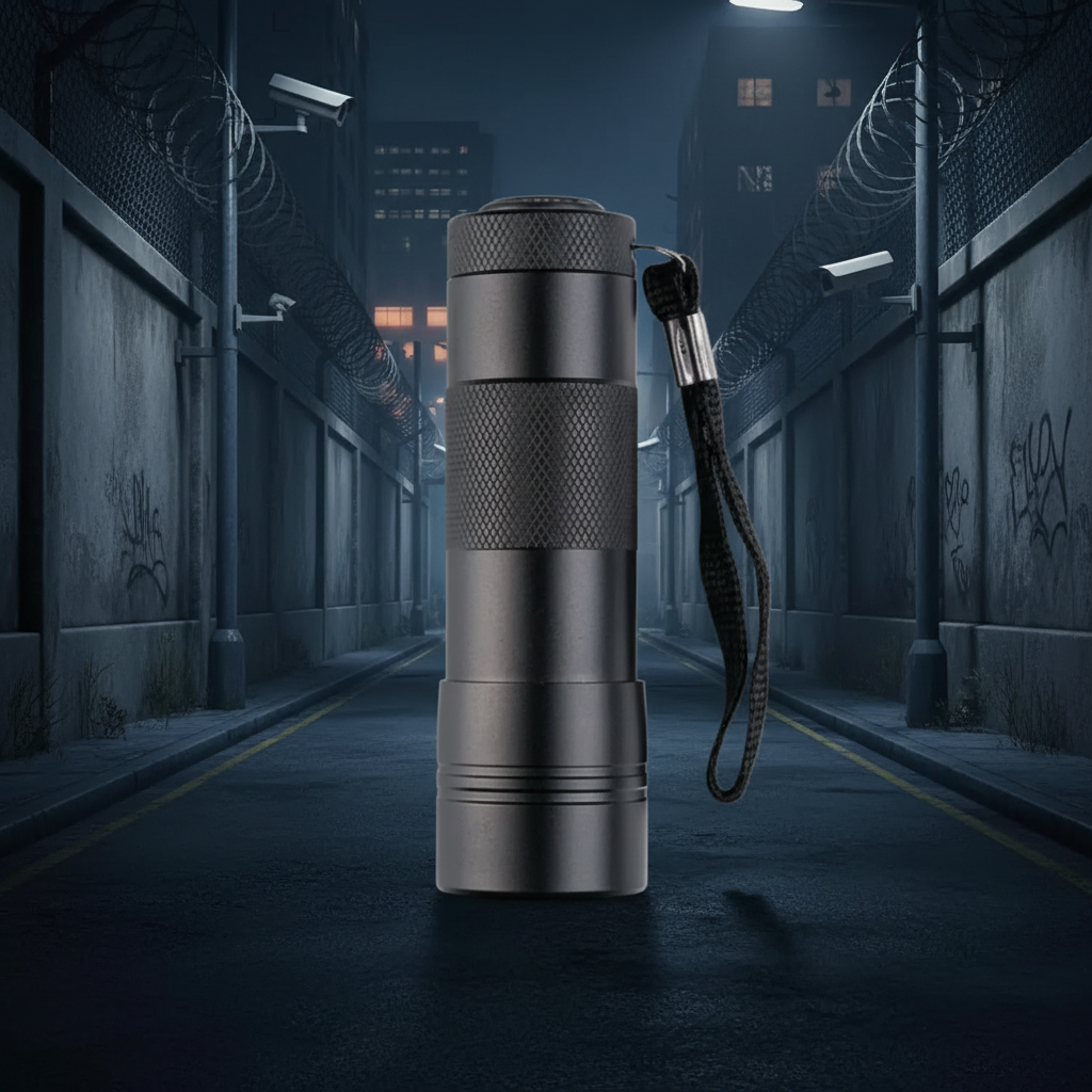 Black flashlight with a strap on a white background