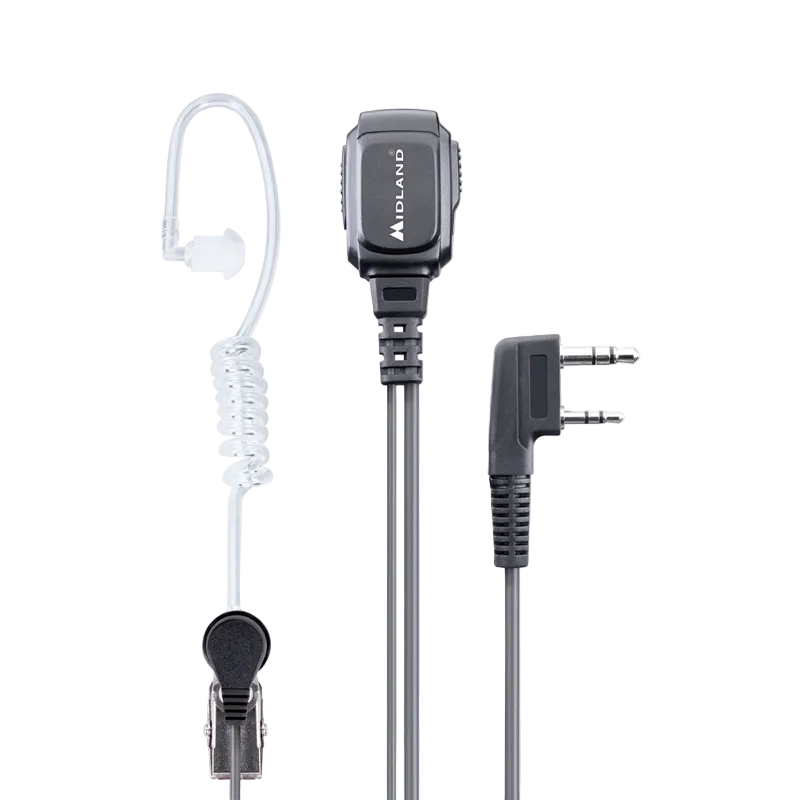 Two-way radio headset with microphone and coiled cable on a white background