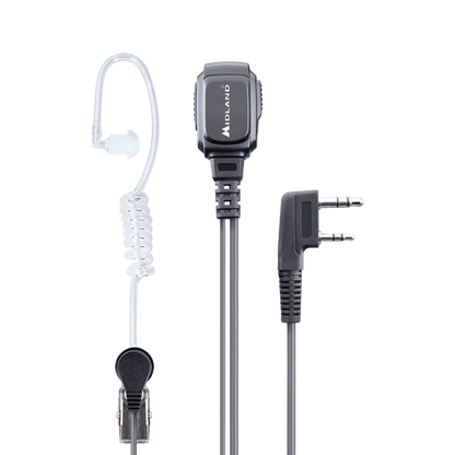 Two-way radio headset with microphone and coiled cable on a white background