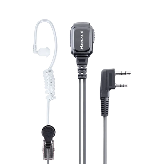 Two-way radio headset with microphone and coiled cable on a white background