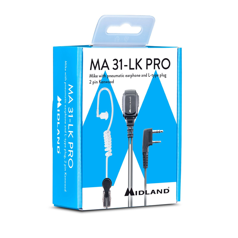Midland MA 31-LK Pro pneumatic earphone and L-type plug kit in its retail packaging, featuring a blue and white box with product illustrations.