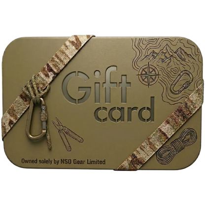 Gift card holder with camouflage strap and outdoor-themed design on a white background
