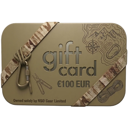 Gift card with camouflage strap and outdoor-themed design on a beige background