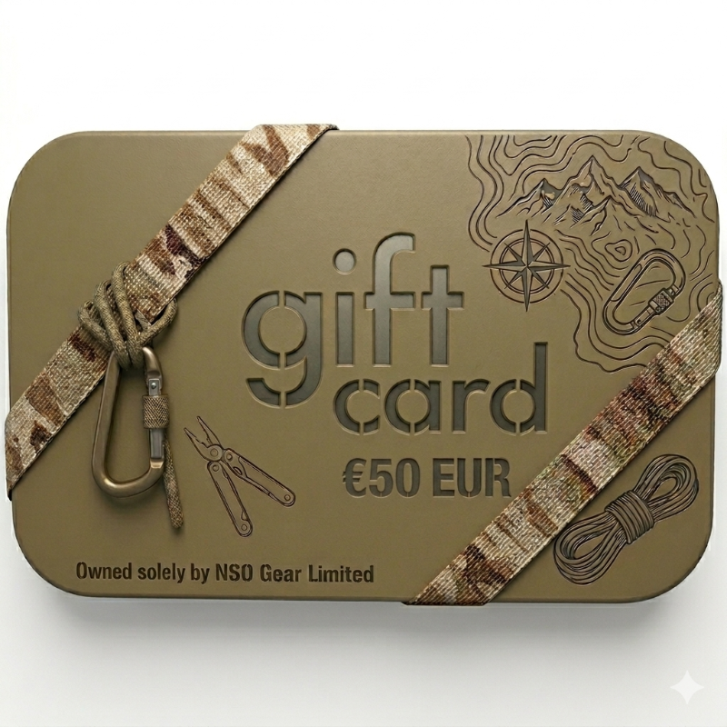 Gift card with camouflage strap and outdoor-themed design on a white background