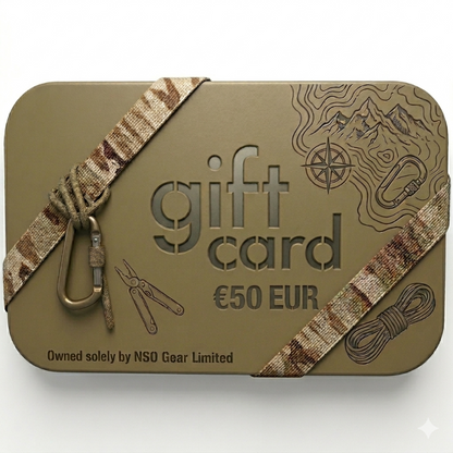 Gift card with camouflage strap and outdoor-themed design on a white background