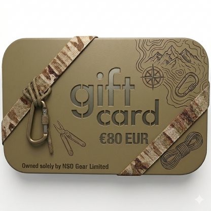 Gift card with camouflage strap and mountain design on a white background