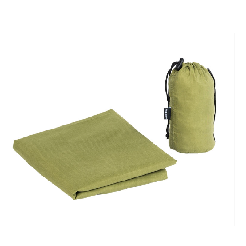 An olive green textured blanket is shown folded next to its matching drawstring storage pouch on a clean white background.