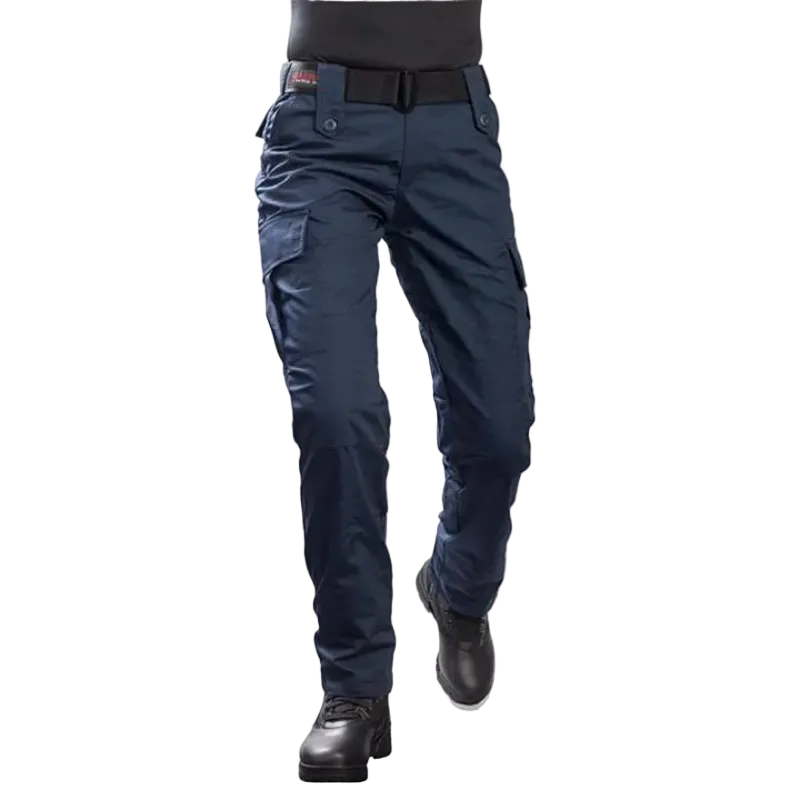Navy blue pants worn by a person on a white background