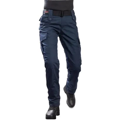 Navy blue pants worn by a person on a white background