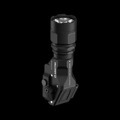 Black flashlight with 'Armytek' branding on a gray background