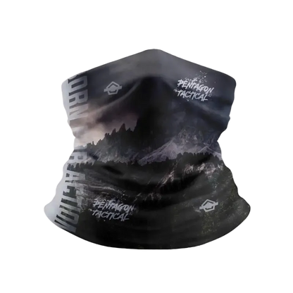 Black neck gaiter with mountain design and 'Pentagon Tactical' branding on a white background