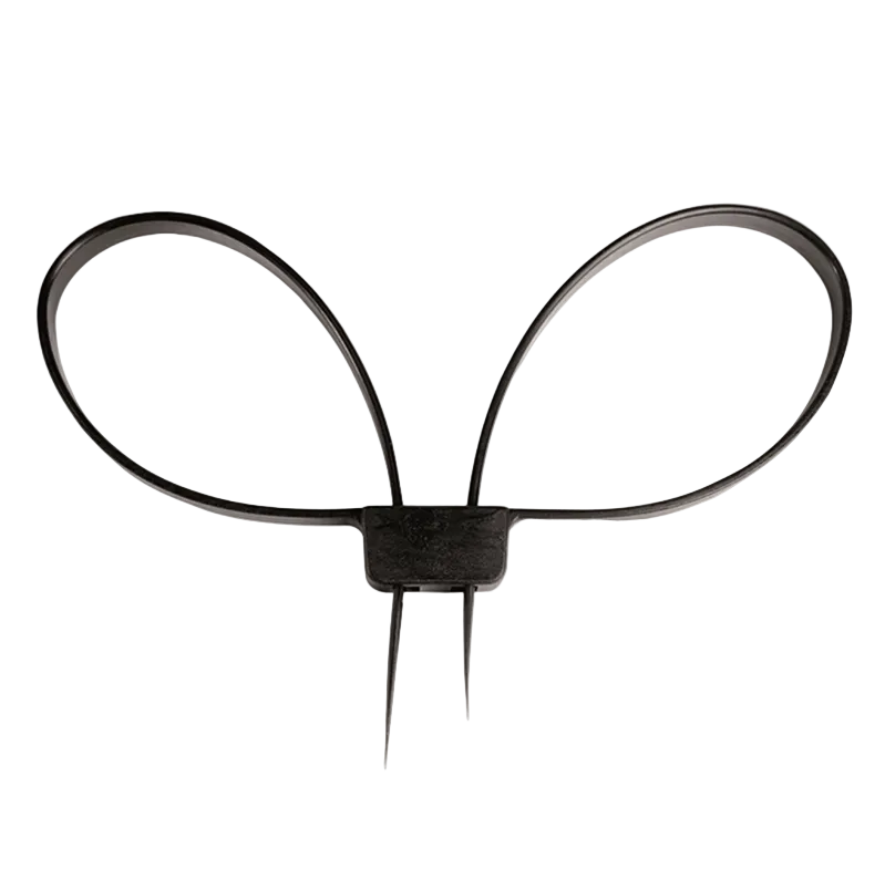 A black plastic loop tie-down strap with two long downward spikes, shown on a plain white background.