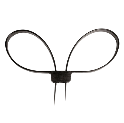 A black plastic loop tie-down strap with two long downward spikes, shown on a plain white background.
