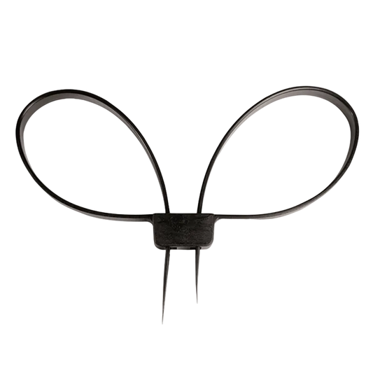 A black plastic loop tie-down strap with two long downward spikes, shown on a plain white background.