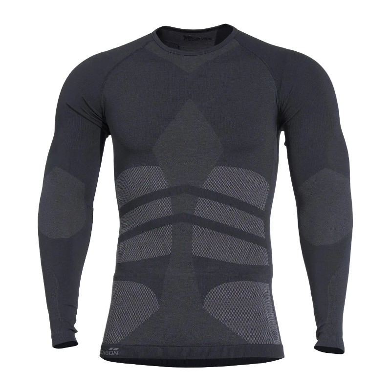 Black long-sleeve compression shirt with geometric pattern on a white background