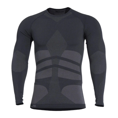 Black long-sleeve compression shirt with geometric pattern on a white background
