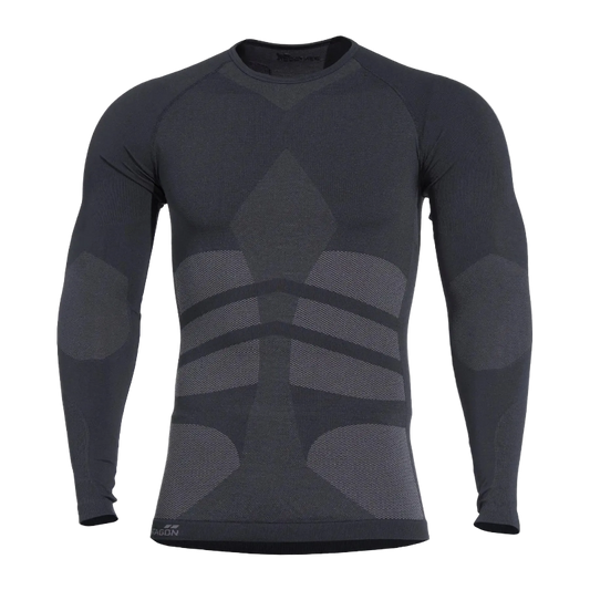 Black long-sleeve compression shirt with geometric pattern on a white background