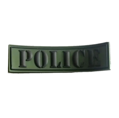 Green 'POLICE' patch on a white background