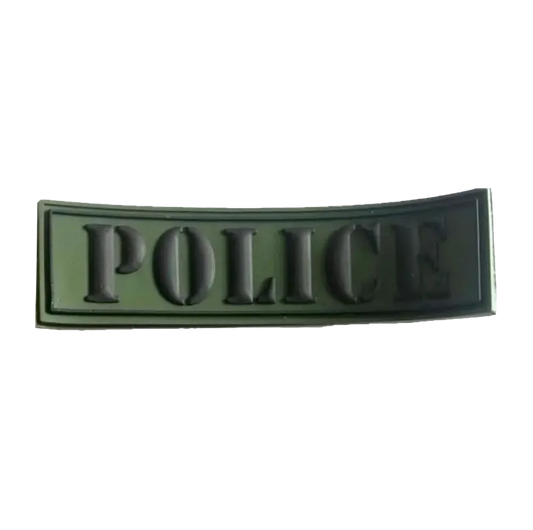 Green 'POLICE' patch on a white background
