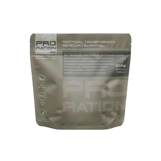 Pro Ration tactical emergency rescue survival food package on a white background