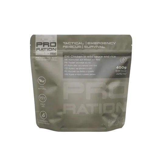 Pro Ration tactical emergency rescue survival food package on a white background