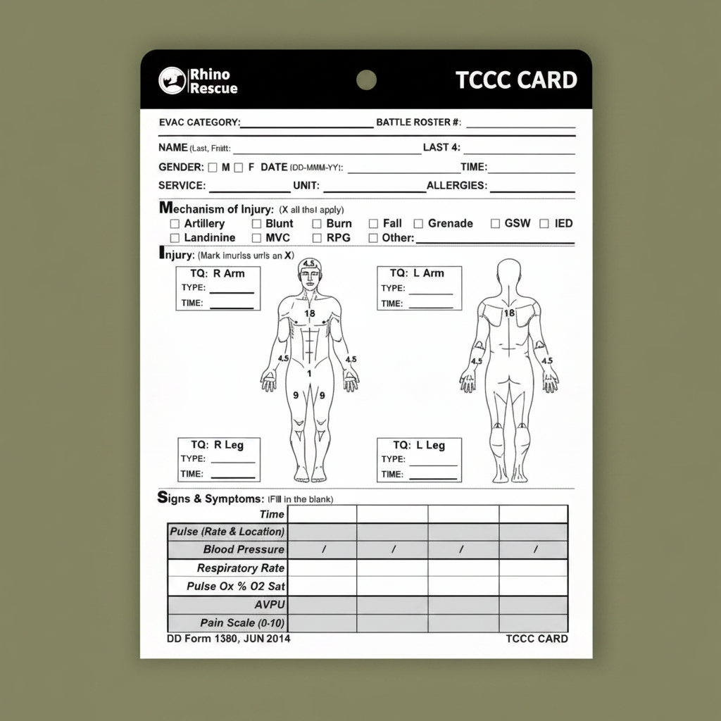 TCCC card with Rhino Rescue logo on a green background