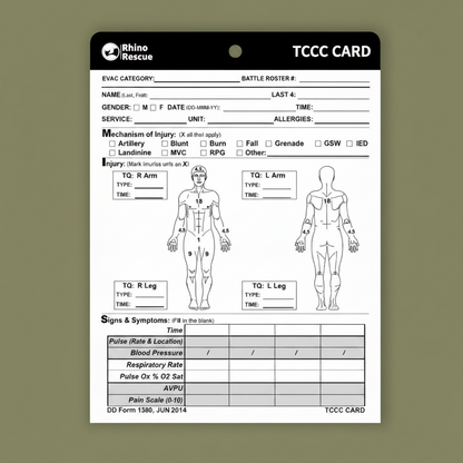 TCCC card with Rhino Rescue logo on a green background