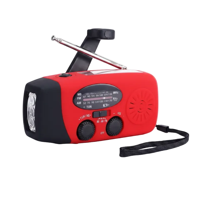 Red and black portable radio with flashlight on a white background