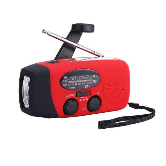 Red and black portable radio with flashlight on a white background