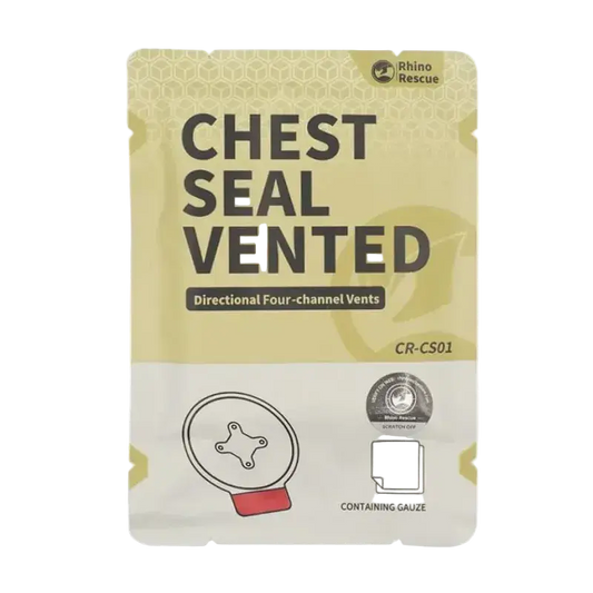 Packaged chest seal with 'Rhino Rescue' branding on a white background