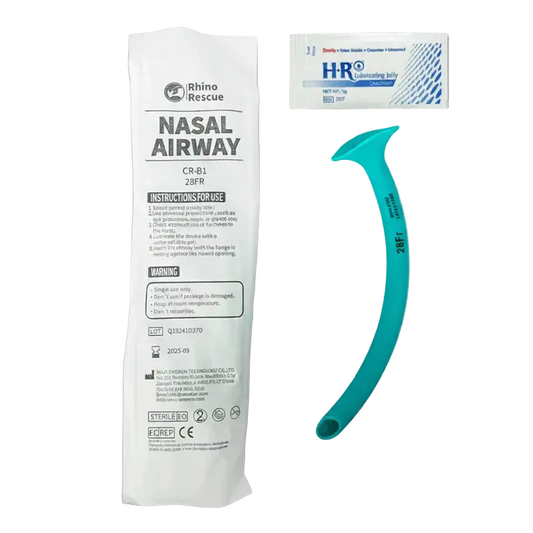 Nasal airway with packaging and a small box on a white background