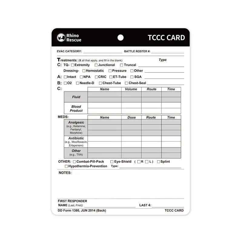 Rhino Rescue TCCC Card - Έντυπο Πρώτων Βοηθειών Μάχης NSO Gear 