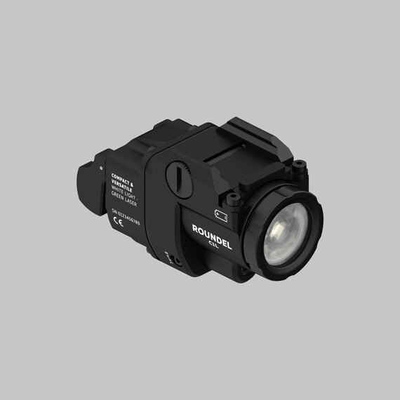 Black tactical light with 'Roundel' branding on a gray background