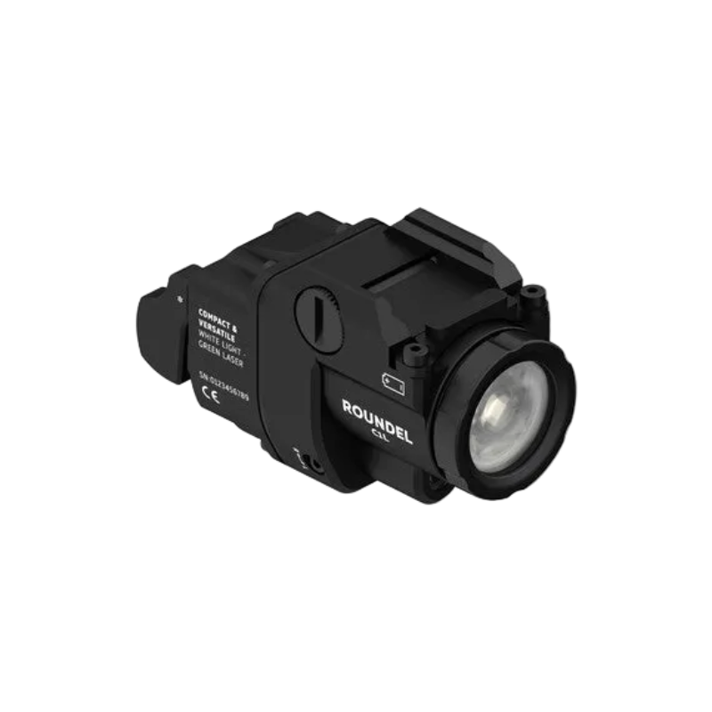 A black Roundel Optics Compact C2 Weapon Light with a clear lens, shown at a three-quarter angle on a solid white background.
