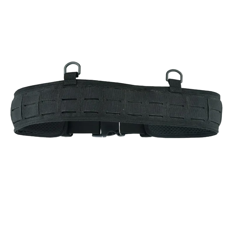 Black tactical belt with multiple loops on a white background