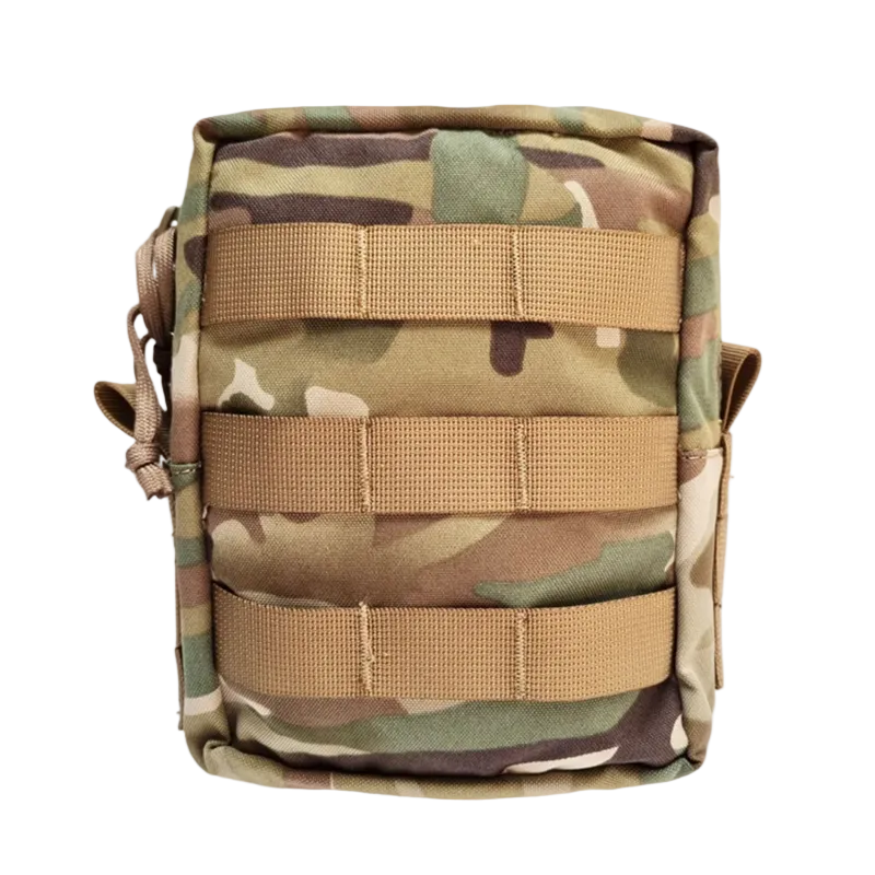 Camouflage pouch with multiple brown straps on a white background