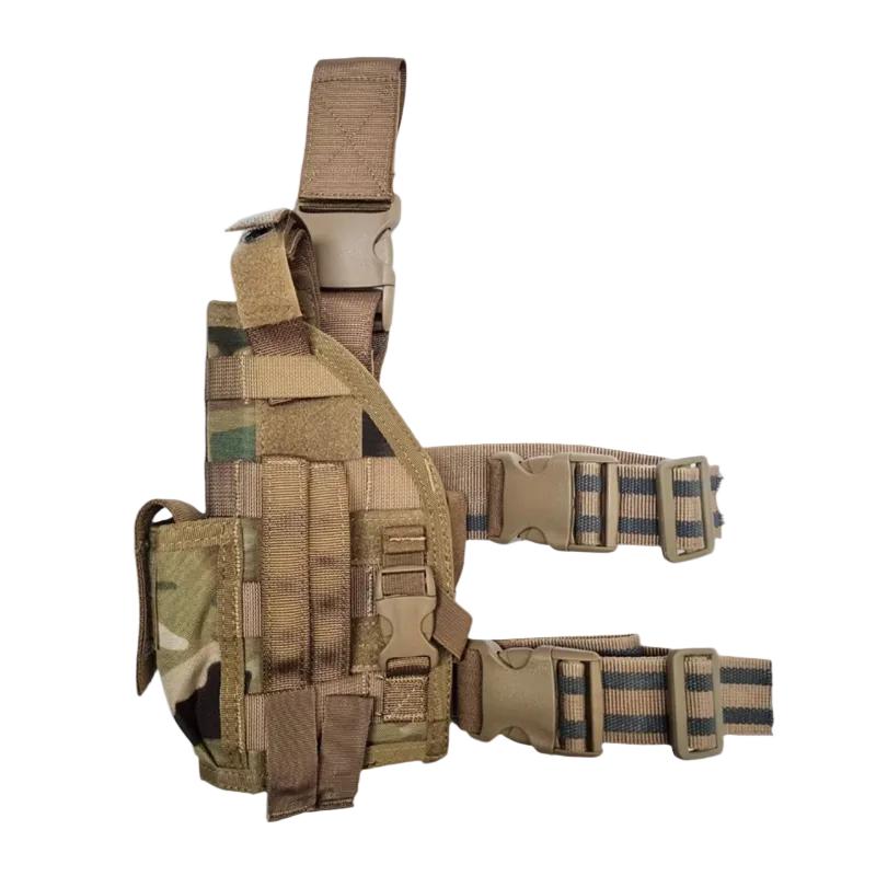 Tactical harness with multiple straps and pouches on a white background