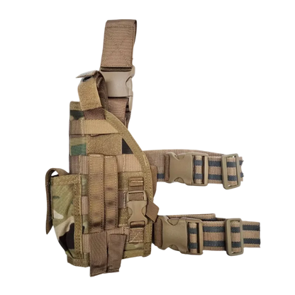 Tactical harness with multiple straps and pouches on a white background