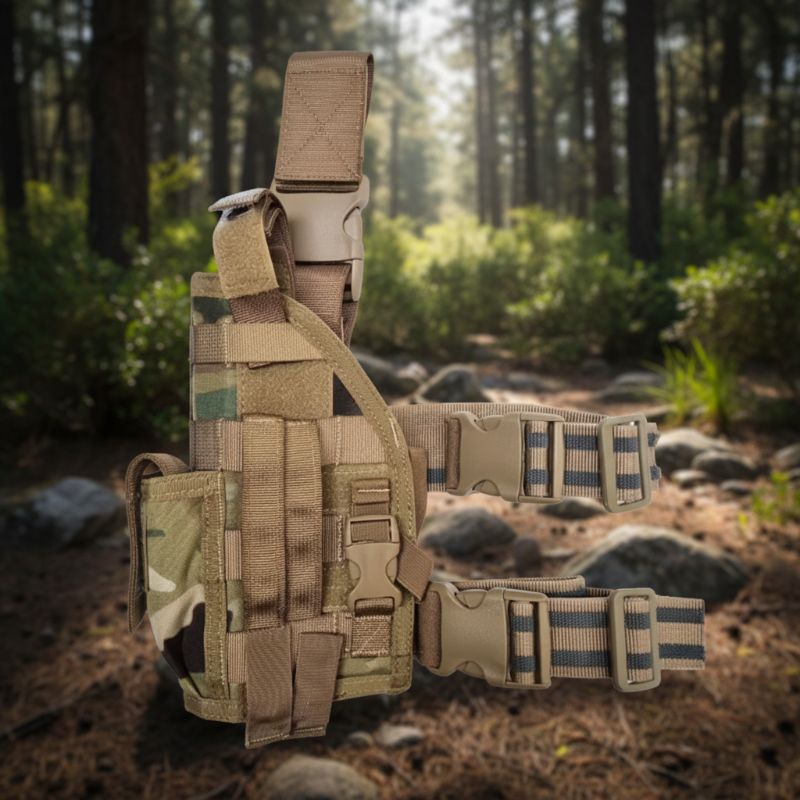 Camouflage tactical holster with multiple pouches in a forest setting