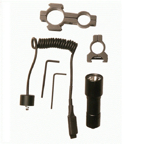 Set of security equipment including handcuffs, a coiled spring, and a flashlight on a white background