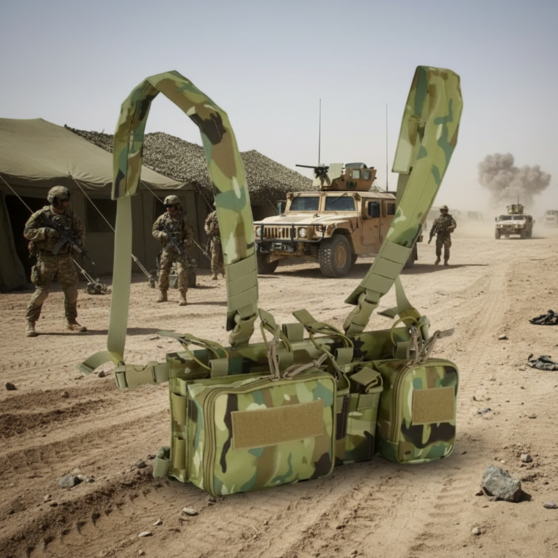 Camouflage military equipment on a dirt road with soldiers and vehicles in the background