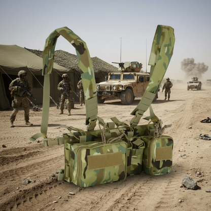 Camouflage military equipment on a dirt road with soldiers and vehicles in the background