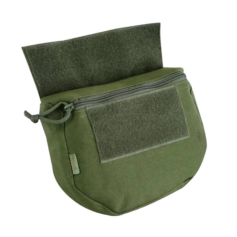 Green tactical pouch with a patch on a white background