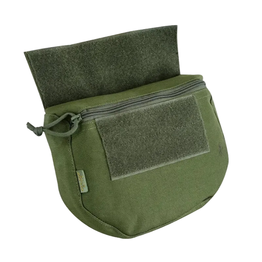 Green tactical pouch with a patch on a white background