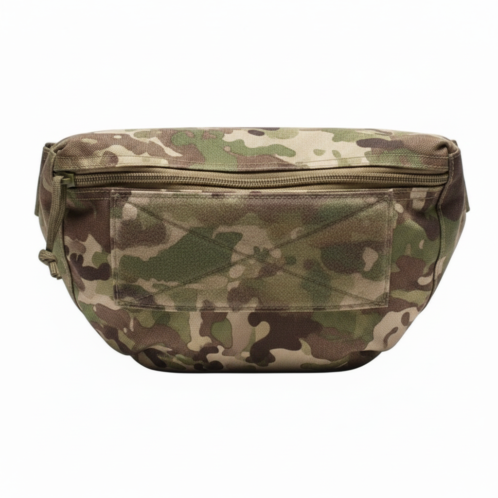 Camouflage-patterned waist bag on a white background