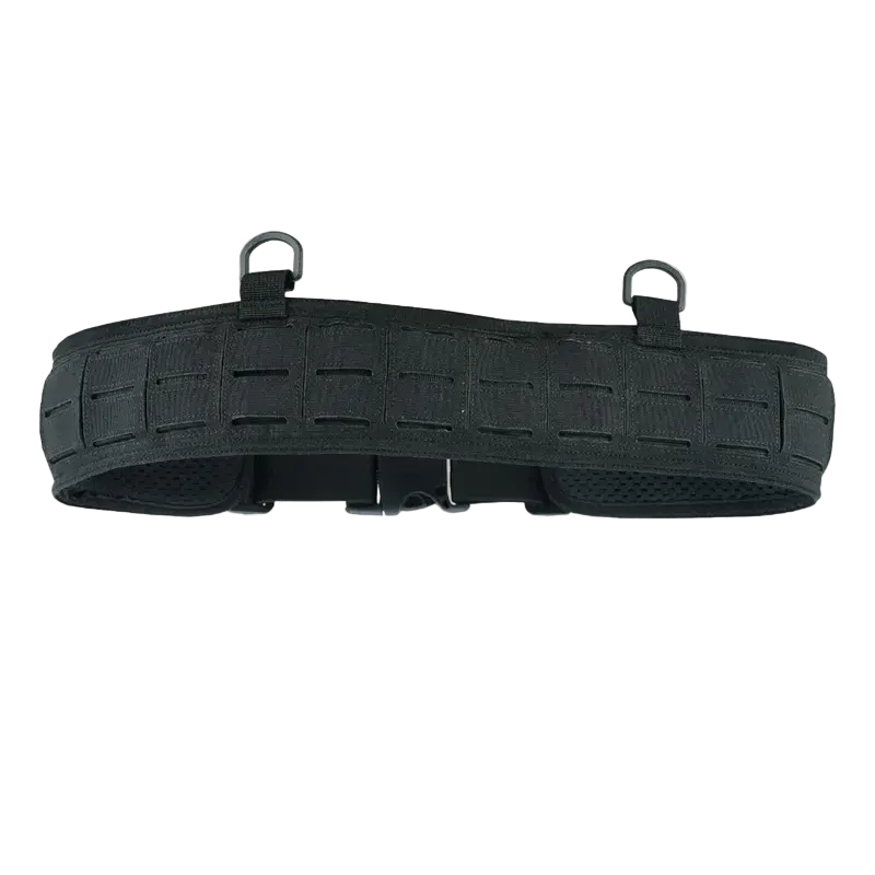 Black tactical belt with multiple loops on a white background